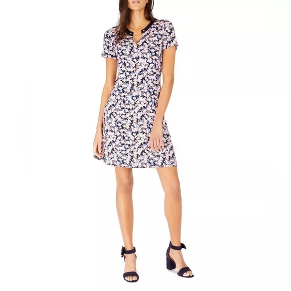 NEW TOMMY HILFIGER NAVY BLUE PINK WHITE FLORAL FLARE DRESS SIZE L - Picture 1 of 8